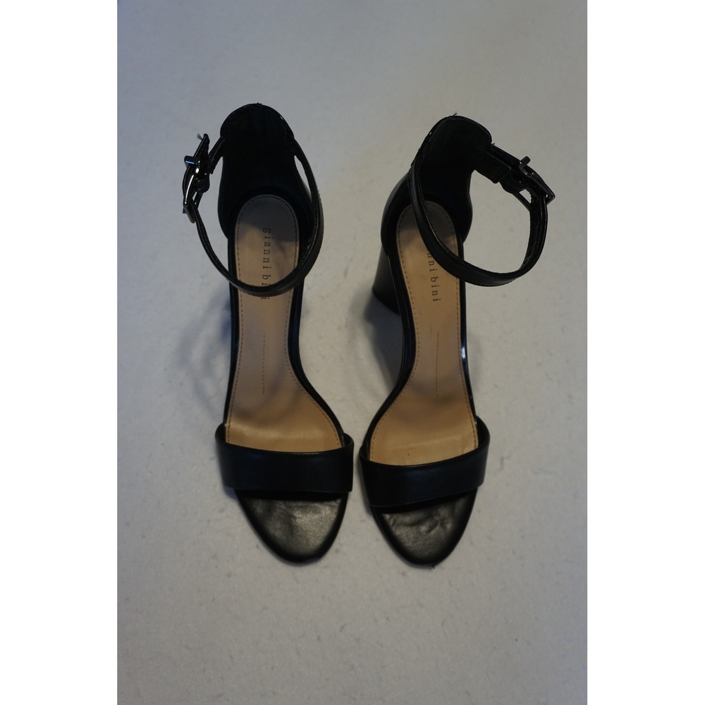 Gianni Bini Black Leather Ankle Strap Block Heel Sandals Womens 8M